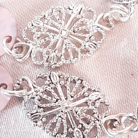 Silver Tone Filagree Dangle Drop Earrings Tiny Pink Stones - Picture 6 of 9